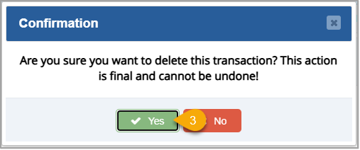Image showing the confirmation message that displays when you delete a transaction from the Bottle POS Admin appâs POS Sales page.