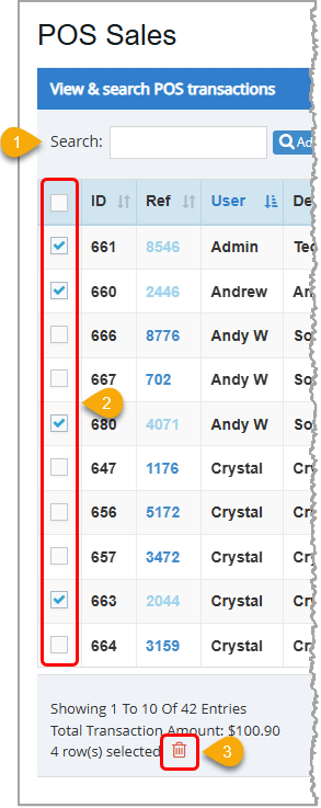 Image showing how to select multiple transactions to delete in the Bottle POS Admin appâs POS Sales page.