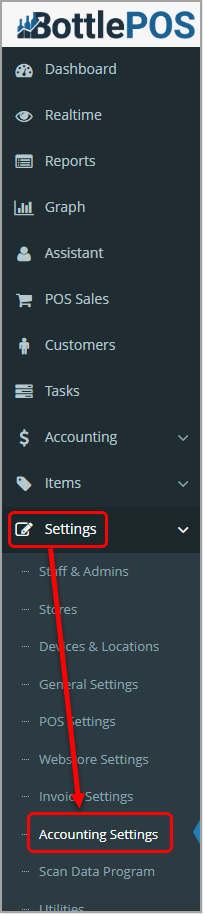 Image showing the Accounting Settings link of your Bottle POS Admin app's main menu.