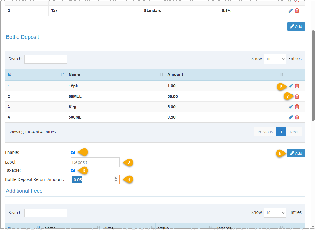 Image showing the Bottle Deposits area of the Accounting Settings page of the Bottle POS Admin with key functions highlighted.