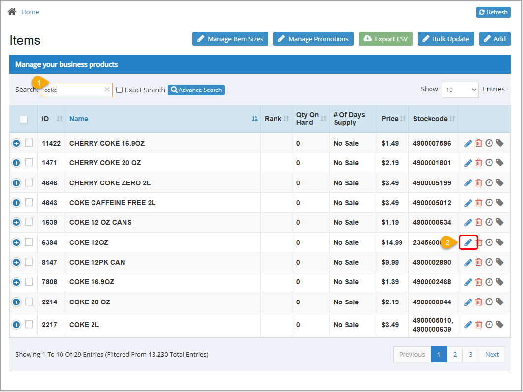 Image showing the Items page of the Bottle POS Admin with functions for finding and editing an item highlighted.
