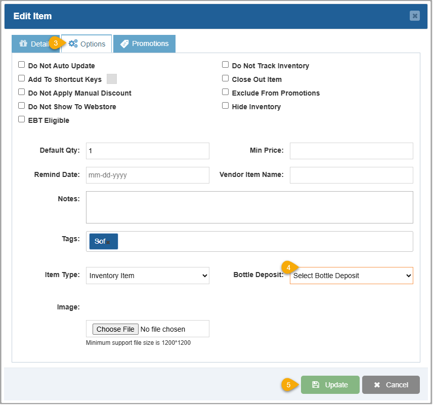 Image showing the Options tab of the Edit Item window of the Bottle POS Admin with the Bottle Deposit configuration highlighted.