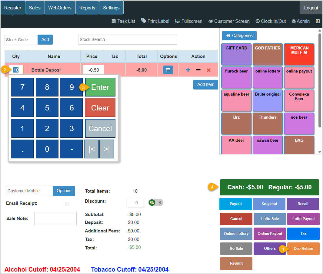 Image showing how to complete a bottle deposit return in the Bottle POS Register app.