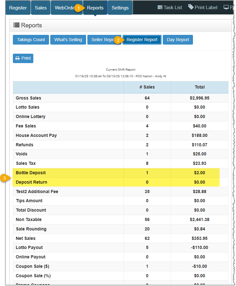 Image showing how to view your deposits taken and returned in the Bottle POS Register app.