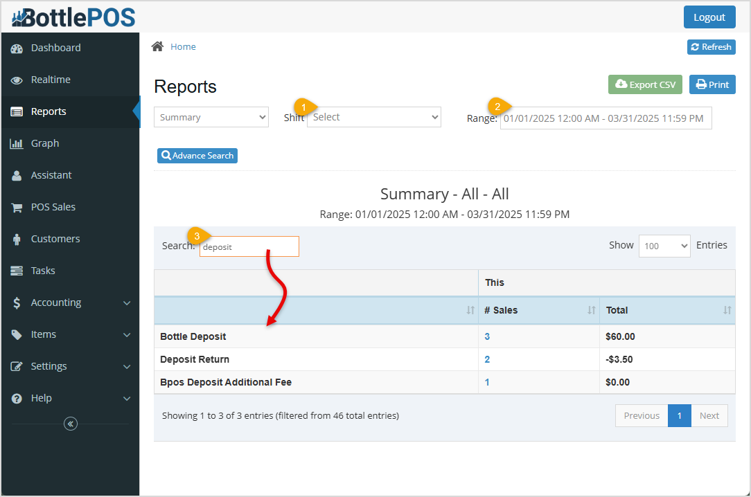 Image showing how to view your deposit information in the Bottle POS Admin app.