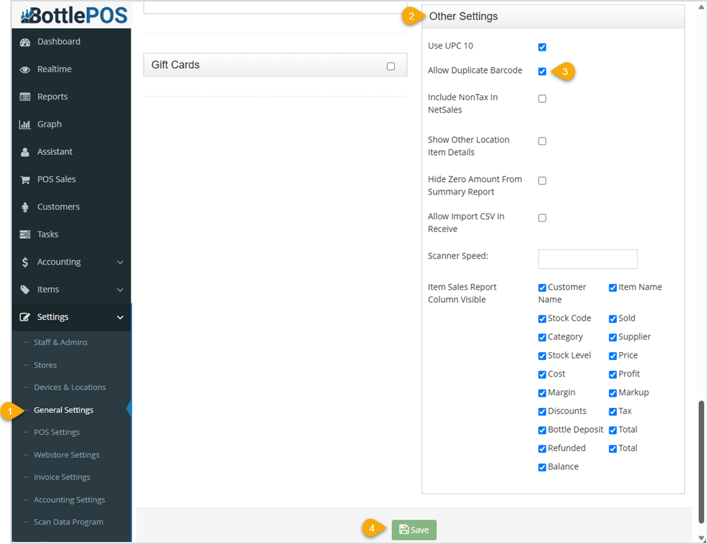 Image showing where in the Bottle POS Admin to allow the system to use duplicate barcodes.