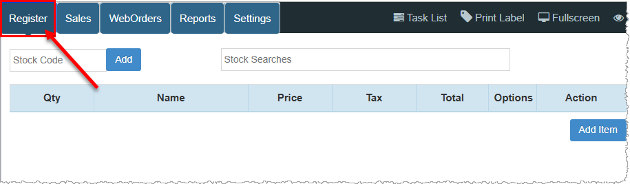 Image showing access to the Register app to email a customer receipt.