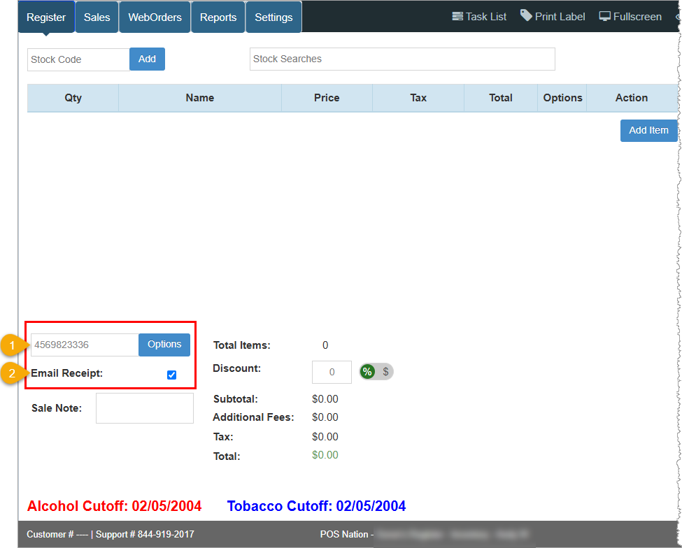 Image showing the Register app where you can select to email a receipt to the customer email address on file.