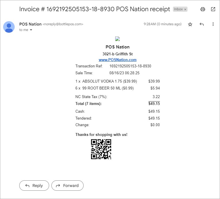 Image showing an example of an emailed receipt.