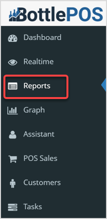 Image displaying the Reports tab in the Bottle POS Admin app.