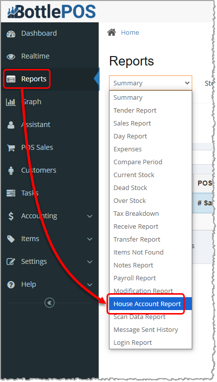 Image showing how to access the House Account report in the Bottle POS Admin app.
