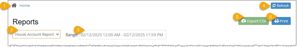 Image showing upper area of the House Account report of the Bottle POS Admin app.