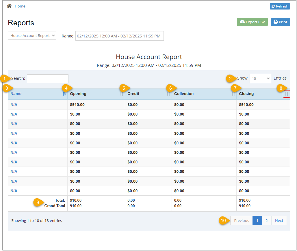 Image showing the House Account report of the Bottle POS Admin app.