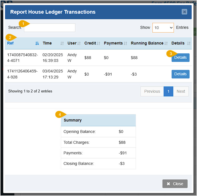 Image showing the House Account report of the Bottle POS Admin app.