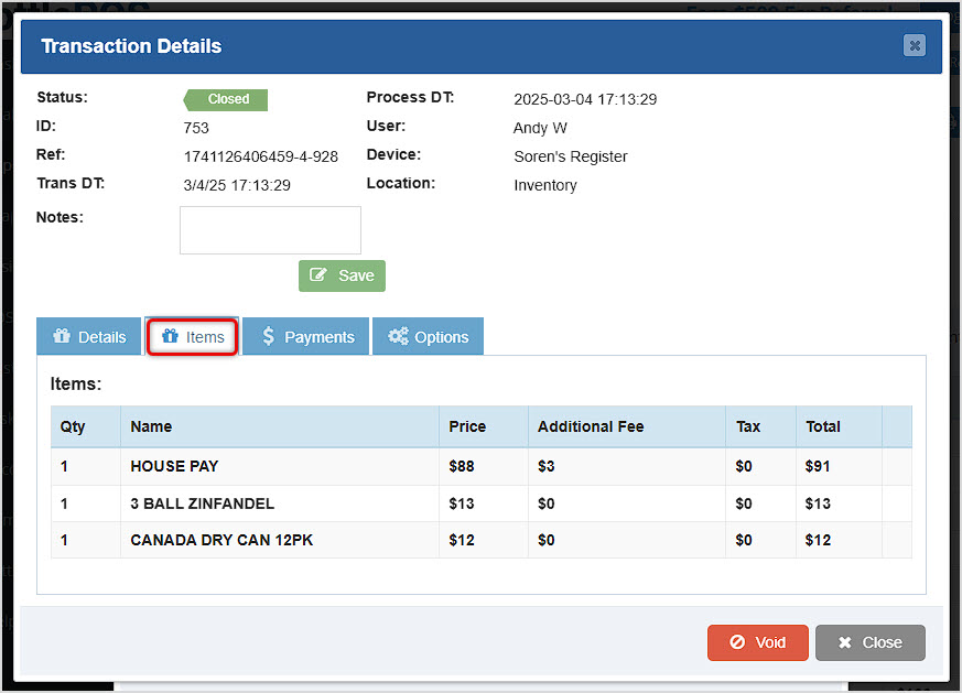 Image showing the Transaction Details window opened from the House Account report of the Bottle POS Admin app.