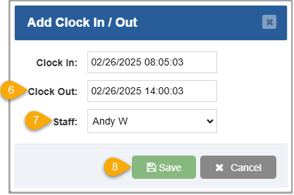 Image showing how to select a clock out time and staff member in the Add Clock In / Out window of the Bottle POS Admin.