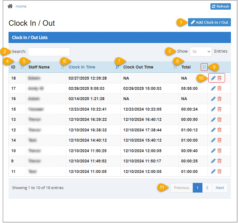 Image of the Clock In / Out page of the Bottle POS Admin where you can view and edit an employeeâs time clock entries.