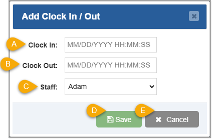 Image showing the Add Clock In / Out window of the Bottle POS Admin.