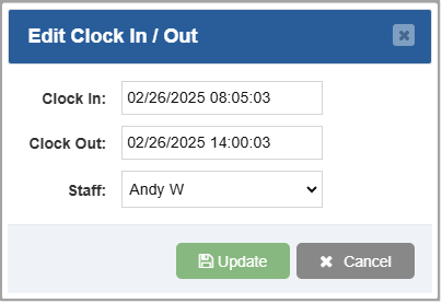 Image showing the Edit Clock In / Out window of the Bottle POS Admin.