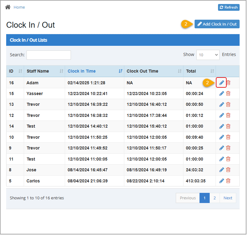 Image showing the Clock In / Out page of the Bottle POS Admin with Add and Edit options highlighted.