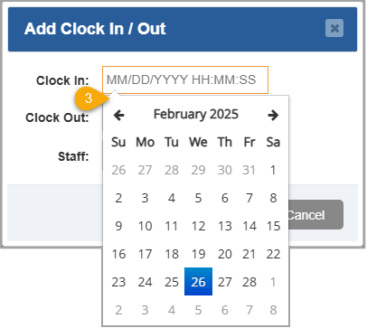 Image showing how to select the clock in Date from a calendar in the Add Clock In / Out window of the Bottle POS Admin.