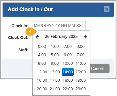 Image showing how to select the clock-in Hour from a list of times in the Add Clock In / Out window of the Bottle POS Admin.