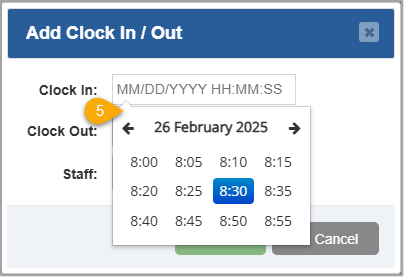 Image showing how to select the clock-in Minute from a list of times in the Add Clock In / Out window of the Bottle POS Admin.