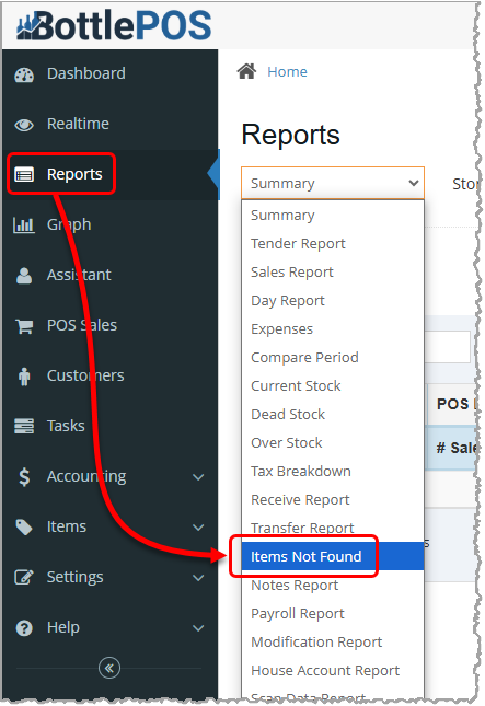 Image showing how to access the Items Not Found report in the Admin (or back office) app of the Bottle POS.