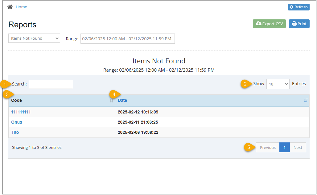 Image showing the Items Not Found report of the Bottle POS Admin App with key features highlighted.