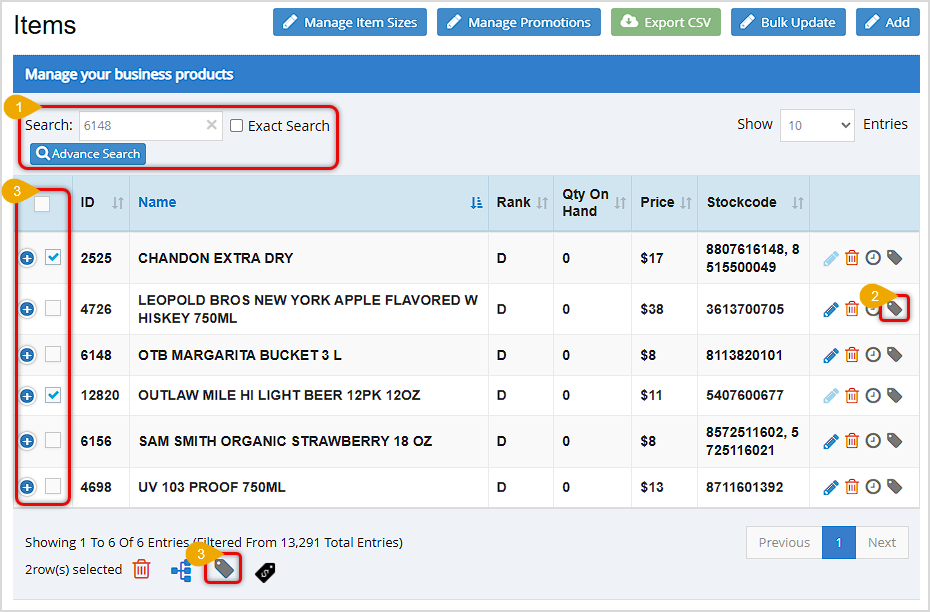Image showing the Items page of the Bottle POS Admin highlighting how to select an item and how to print one or more labels.