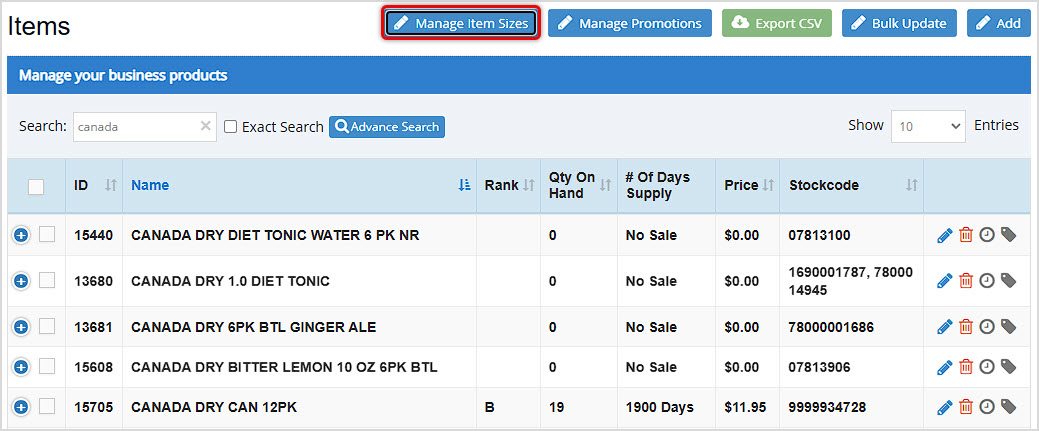 Image showing the Items page of the Bottle POS Admin with the Manage Item Sizes button highlighted.