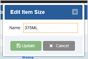 Image showing the Edit Item Size window of the Bottle POS Admin.
