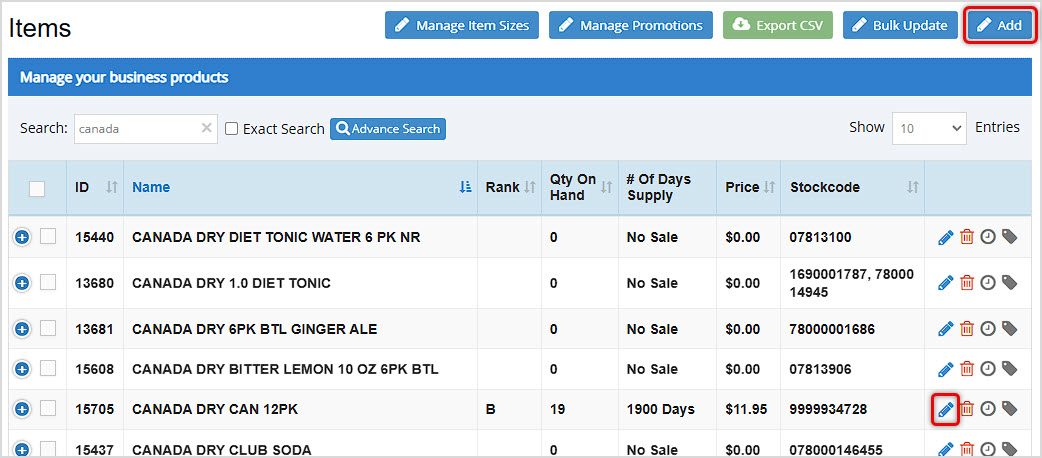Image showing the Items page of the Bottle POS Admin with the Add and Edit item button highlighted.