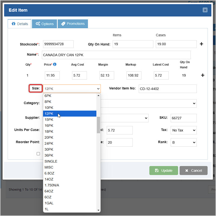 Image showing the Edit Item window of the Bottle POS Admin with the Size option highlighted.