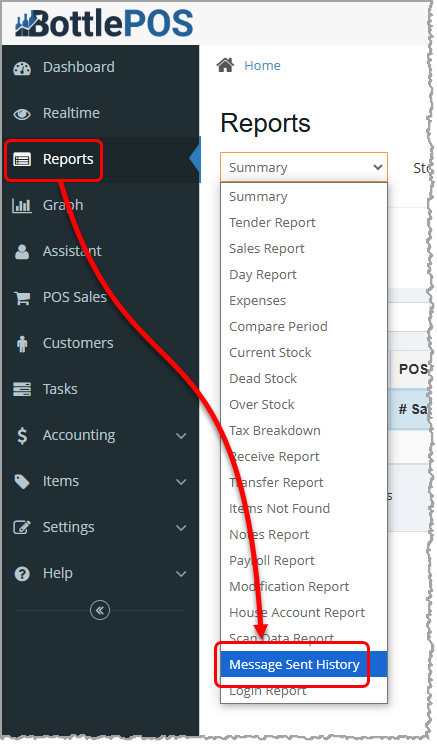 Image showing how to access the Message Sent History report in the Bottle POS Admin app.