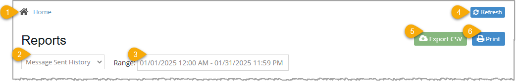 Image showing upper area of the Message Sent History report of the Bottle POS Admin app with key features highlighted.