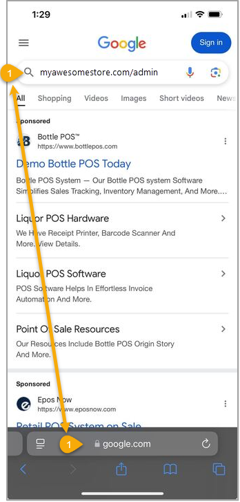 Image showing the Safari browser on an iPhone being used to search for a store's URL.