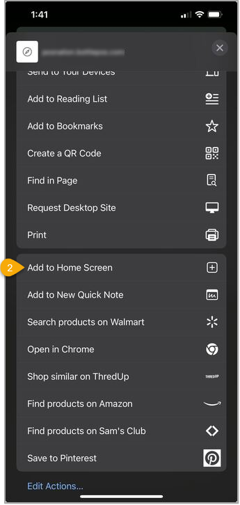Image showing how to scroll to and tap on the Add to Home Screen option to add the Bottle POS app to your mobile device's home screen.