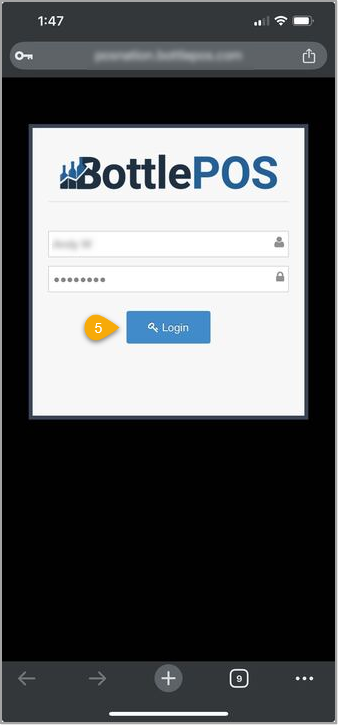 Image showing the Login screen when you open your Bottle POS from a mobile device.