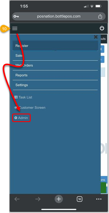Image showing how to access the Bottle POS Admin app from your mobile device.