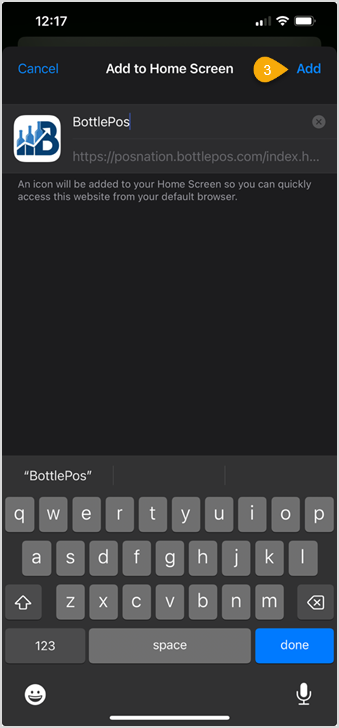 Image showing where to change the bookmark name and add it to your device's home screen.