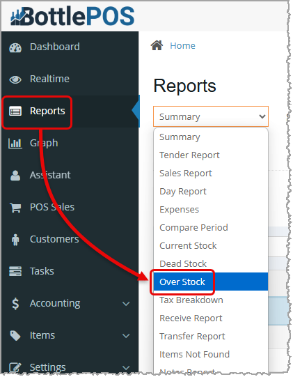 Image showing how to access the Over Stock Report in the Admin (or back office) app of the Bottle POS.