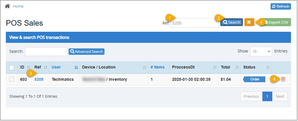 Image showing how to search for a transaction in the POS Sales Manager.