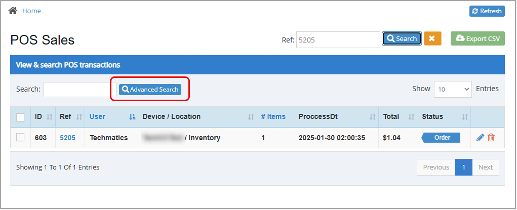 Image showing how to begin an advanced search in the POS Sales Manager of the Bottle POS Admin app.