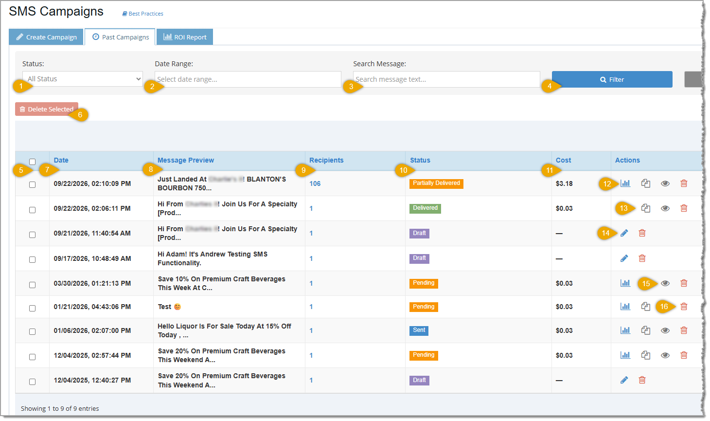 Image showing the Past Campaigns tab of the SMS Campaign page of the Bottle POS Admin app.