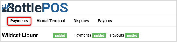 Image of the BottlePOS Payment Portal site header highlighting the Payments link in the main menu.