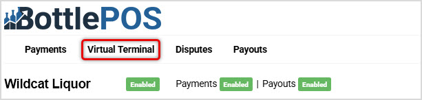 Image of the BottlePOS Payment portal site header highlighting the Virtual Terminal link in the main menu.