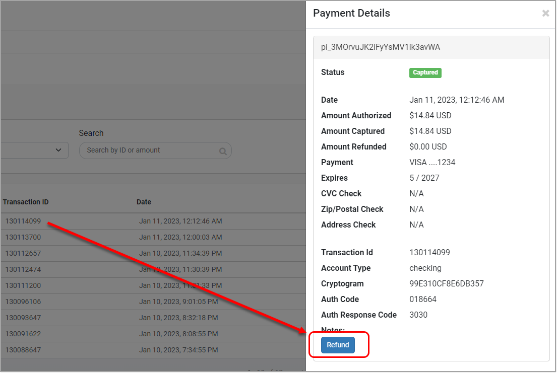 Image showing how to refund a payment through the Bottle POS Payment Portal.