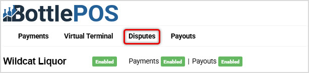 Image of the BottlePOS Payments site header highlighting the Disputes link in the main menu.