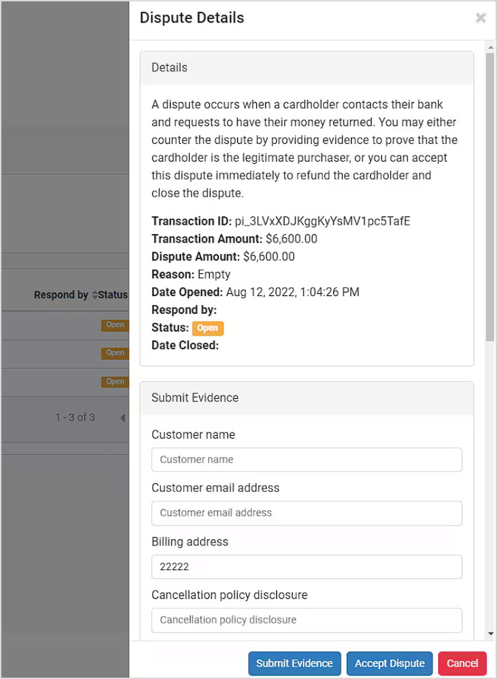 Image of the Dispute Details panel of the Bottle POS Payments portal.